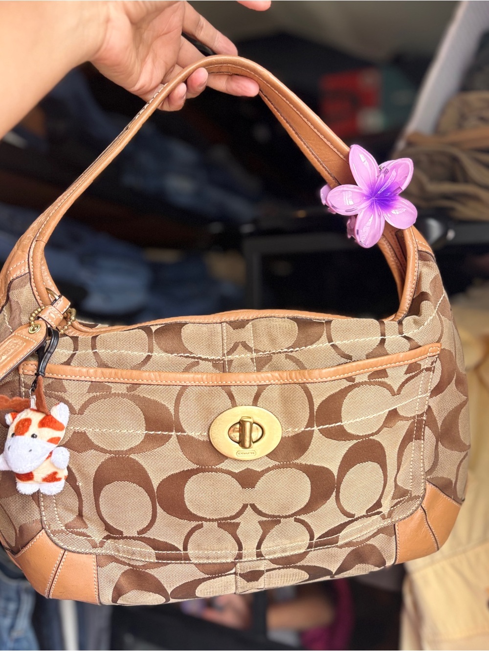 Coach Brown Signature Canvas Shoulder Bag with Tan Leather Trim